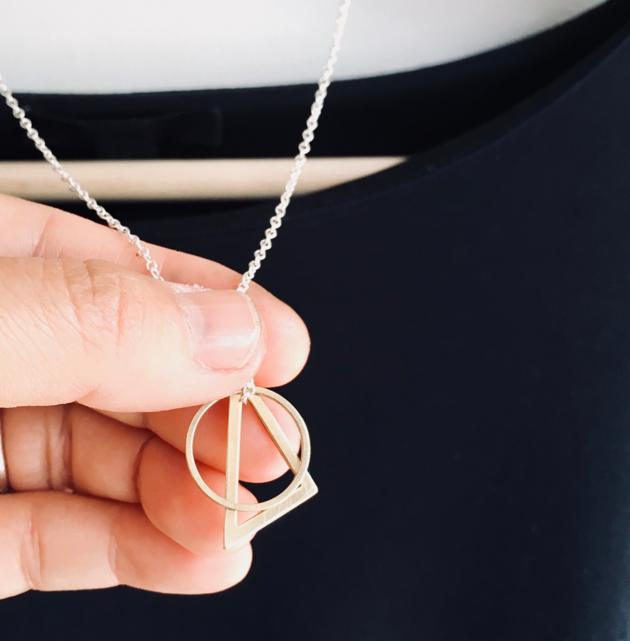Geometric Necklace: Brass Circle, Triangle Pendant - Sterling Silver Chain