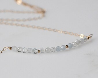 Aquamarine March Birthstone Delicate Beaded Necklace in Sterling Silver or Gold Filled