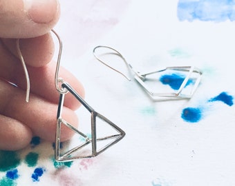 Optical Illusion Earrings: Sterling Silver Geometric 3D Dangle