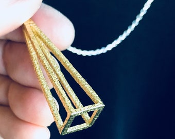Textured Brass Triangle Prism Long Geometric Necklace