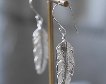 Large Feather Charm Drop Earrings in Sterling Silver or Bronze