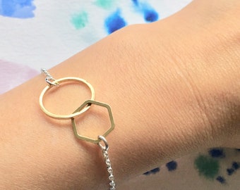 Geometric Bracelet: Raw Brass Circle Hexagon, Sterling Silver Chain