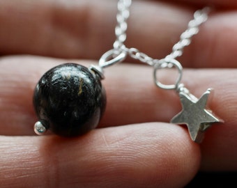 Greenland Nuummite Gemstone and Personalised Gold or Silver Star Charm Necklace Pendant