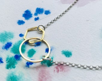 Geometric Necklace: Raw Brass Hoop and Hexagon, Sterling Silver Chain
