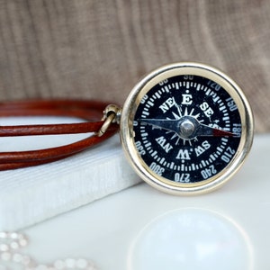 Personalised Small Brass Compass Leather Cord Necklace