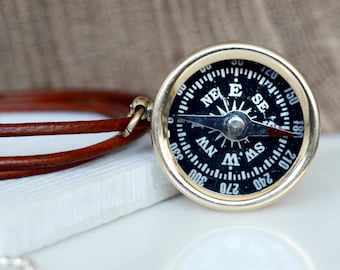 Personalised Small Brass Compass Leather Cord Necklace