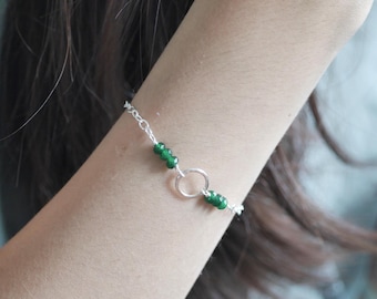 Emerald and Sterling Silver Circle Adjustable Dainty Bracelet