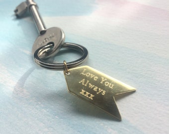 Personalized Brass Keychain: Engraved Arrow Charm Keyring