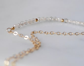 Clear Quartz April Birthstone Dainty Beaded Bar Necklace Sterling Silver Gold Filled