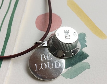 Personalised Silver Fender Guitar Knob Locket Leather Cord Necklace