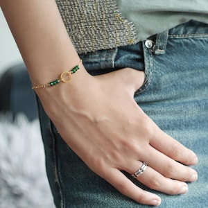 Emerald and Gold Circle Charm Adjustable Chain Gemstone Dainty Bracelet