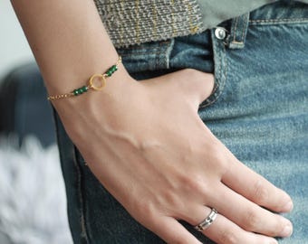 Emerald and Gold Circle Charm Adjustable Chain Gemstone Dainty Bracelet