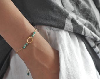 Turquoise and Gold Circle Charm, Gold Filled Linked Chain Adjustable Bracelet