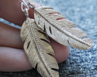 Large Feather Charm Drop Earrings in Sterling Silver or Bronze