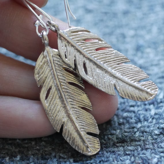 Large Feather Charm Drop Earrings in Sterling Silver or Bronze Etsy