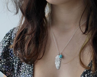Solid Sterling Silver Feather Personalised Silver Tag Birthstone Unisex Necklace