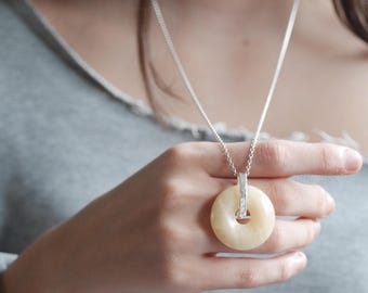 Large Yellow Jade Doughnut Shape Fidget Silver Necklace