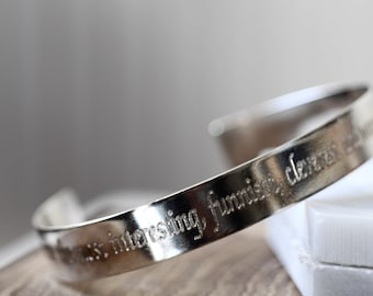 Engraved Sterling Silver Cuff Bangle: Personalized Message Bracelet