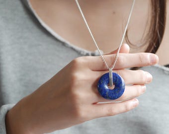 Large Lapis Lazuli Doughnut Shape Gemstone and Sterling Silver Fidget Necklace