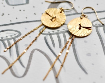 Gold Plated Geometric Hand Hammered Charm and Gold Chain Long Drop Earrings