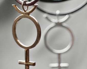 Mercury Planet Symbol Astrology, Alchemy Charm Leather Cord Necklace