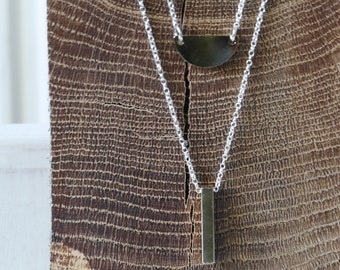 Geometric Layered Necklace: Sterling Silver Chain, Brass Bar & Half Circle