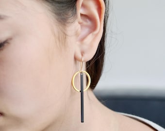 Gold Circle Charm and Oxidised Black Long Bar Long Drop earrings