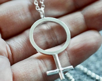 Solid sterling silver Venus Glyph astrological and alchemy symbolic charm necklace.