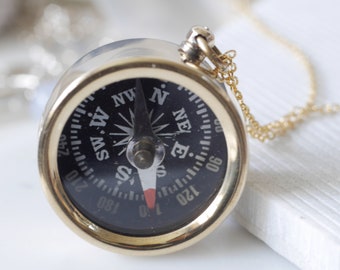 Unisex Personalised Raw Brass Small Compass Necklace