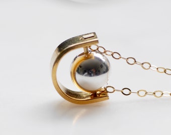 Sterling Silver Ball and Gold Semi Circle Charm Fidget Necklace