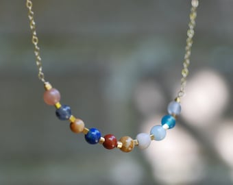 Delicate Beaded Solar System Gold Gemstone Necklace