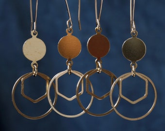 Circle, Hexagon and Hoop Geometric Brass and Gold FIlled  Drop Earrings
