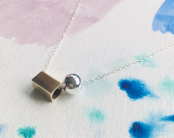 Sterling Silver Geometric Necklace: Brass Cube Bead, Minimalist Jewelry