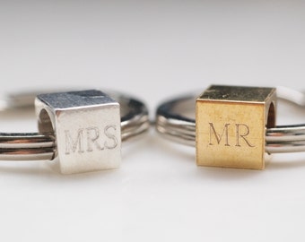 Personalised Key Ring- Raw Brass and Sterling Silver Cube Minimalist Style