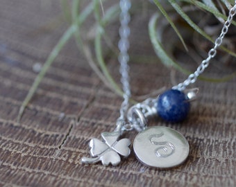 Sterling Silver Clover Necklace: Dainty Four Leaf Charm, Engraved Tag & Birthstone