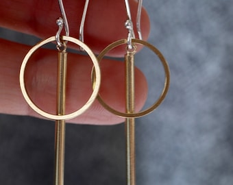 Handmade Gold Tone Circle And Bar Brass Geometric Drop Earrings