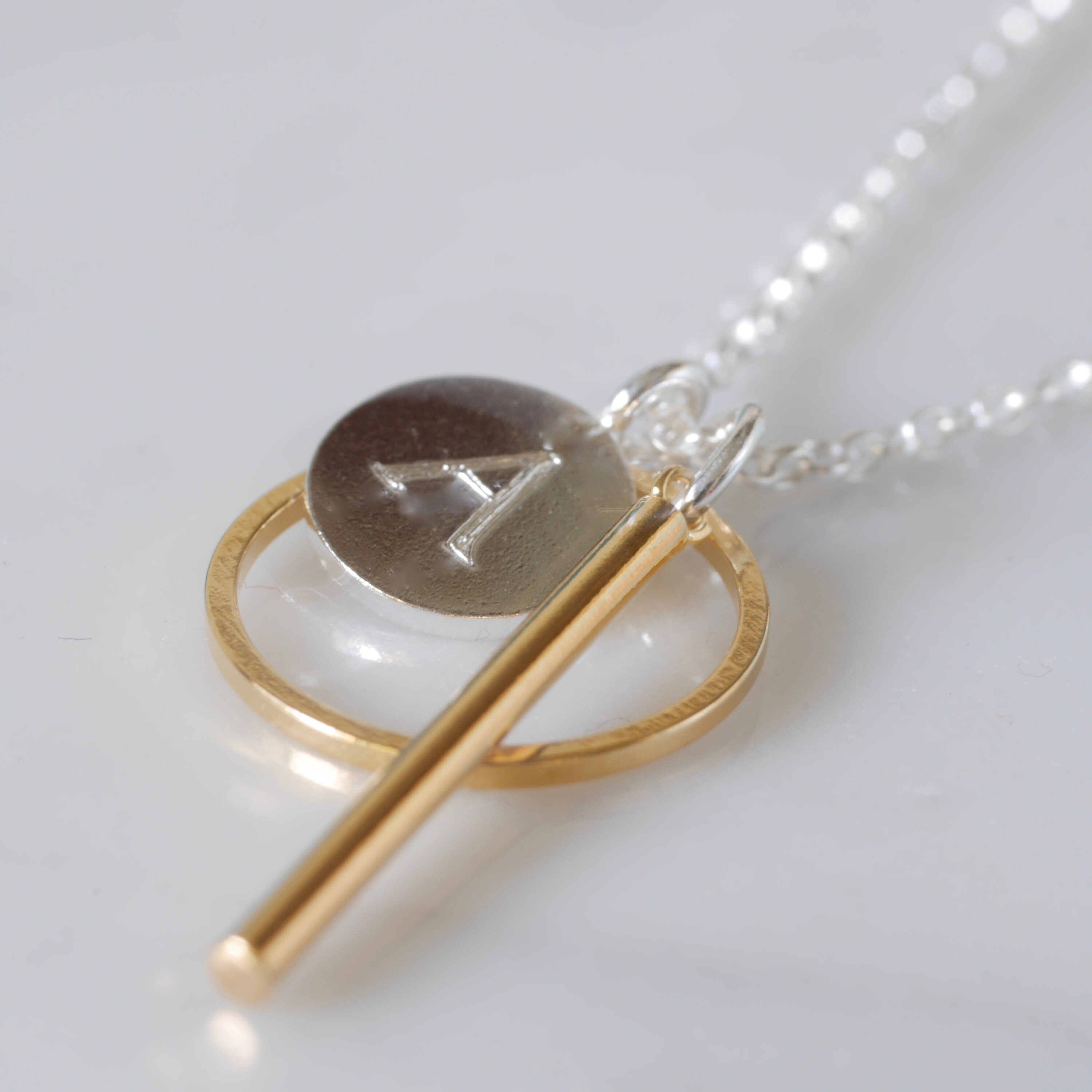 Personalised Circle and Bar Necklace Brass Hoop and Bar Geometric
