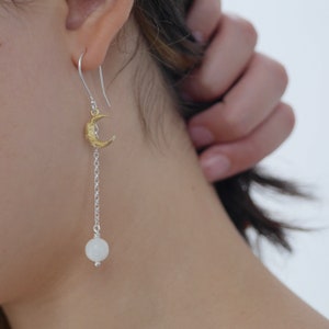 Crescent Moon and Rainbow Moonstone Drop Earrings in gold and sterling silver