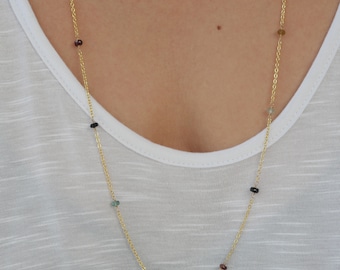 October Birthstone Scattered Colourful Tourmaline Gold Long Necklace - Alchemy Jungian Psychological development GemstoneNecklace