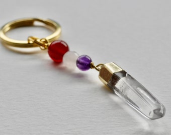 Amulette de soutien au cancer du sein avec pierres précieuses. Charm soutien du cancer avec pointe de quartz clair, quartz rose, améthyste et pierres précieuses de cornaline.