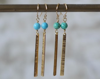 Blue or Green Turquoise round beads and Gold Plated Long Bar Gold Drop Earrings