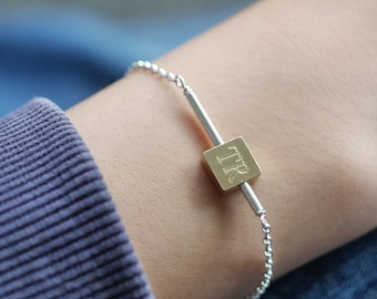 Personalised Brass Cube and Sterling Silver Bar Geometric Unisex Bracelet