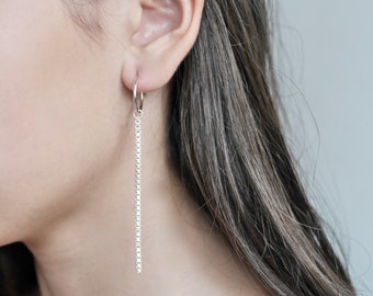 Sterling silver box link chain long drop hoop earrings