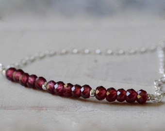 Garnet January Birthstone Dainty Gemstone Bar Necklace in Sterling Silver and Gold