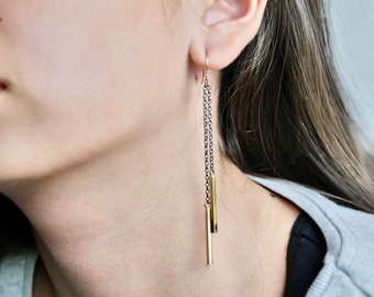 Oxidized Sterling Silver chain and gold bar Drop Earrings.