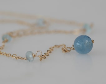 Aquamarine March Birthstone Gold Symbolic Alchemy Water Element Y Necklace
