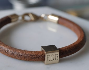 Personalized Leather Bracelet with Brass Cube - Custom Engraved Gift