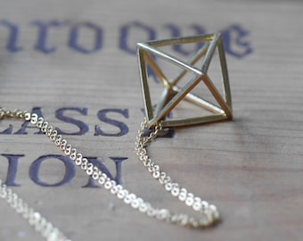 Unisex Octahedron Diamond Shape Brass Charm Geometric Necklace