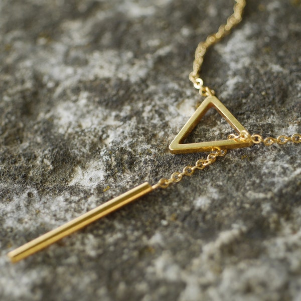 Gold Triangle Lariat Necklace - Y Necklace - Geometry Lariat Necklace