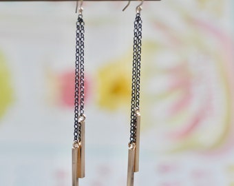 Oxidised sterling silver Chain and Gold Plated Bar Black and Gold Long Drop Earrings